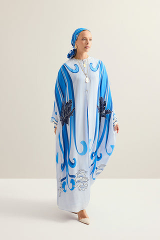 Yeni Dünya Mavi Krep İpek Abaya