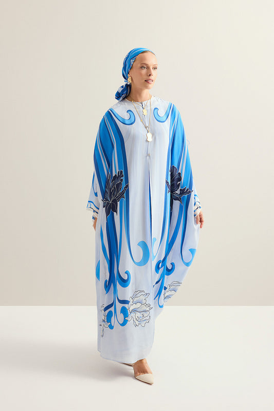 Yeni Dünya Mavi Krep İpek Abaya