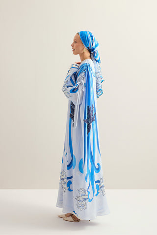 Yeni Dünya Mavi Krep İpek Abaya