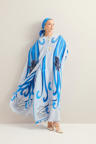 Yeni Dünya Mavi Krep İpek Abaya