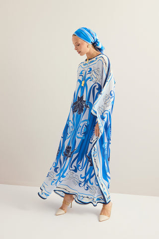 Yeni Dünya Mavi Krep İpek Kaftan