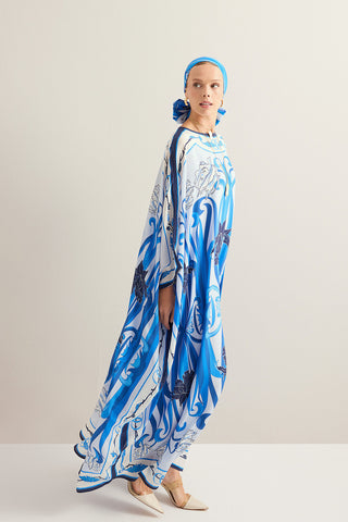 Yeni Dünya Mavi Krep İpek Kaftan