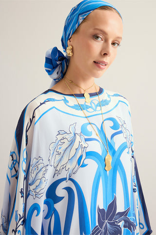 Yeni Dünya Mavi Krep İpek Kaftan
