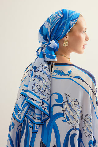 Yeni Dünya Mavi Krep İpek Kaftan Şalı 70x210