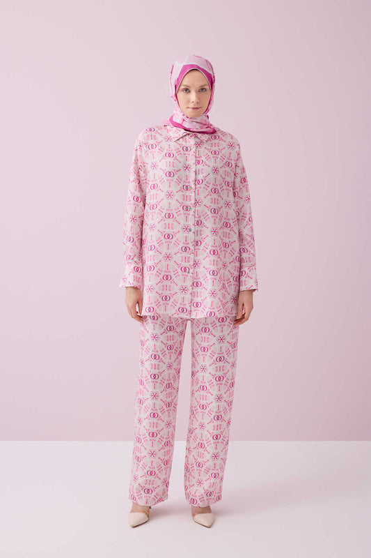 Yıldızlı Gece Pembe Tivil İpek Pijama Gömlek