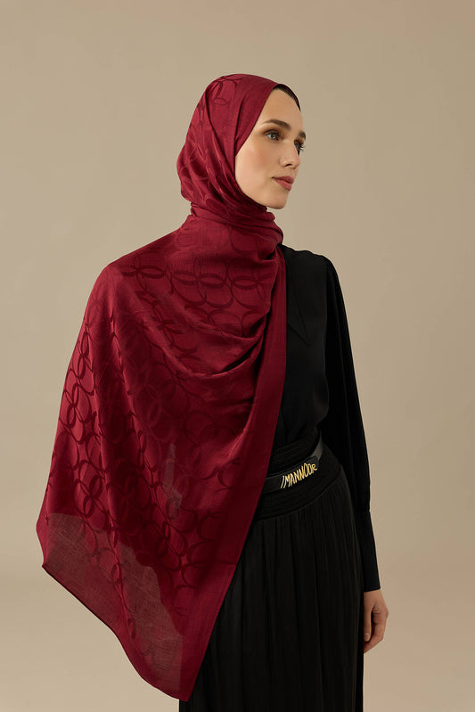 Yonca Logo Bordo Naia Jakar İpek Şal 70x210