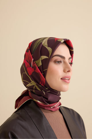Zambak Bordo Tivil İpek Eşarp 90x90
