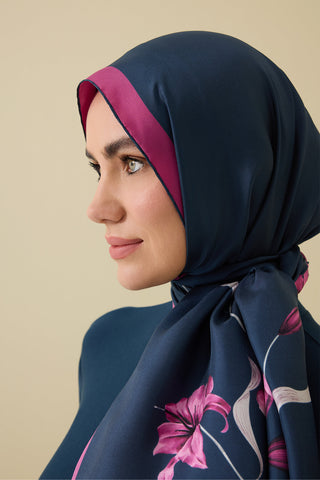 Zambak Lacivert-Fuşya İpek Elbise Şalı 70x210