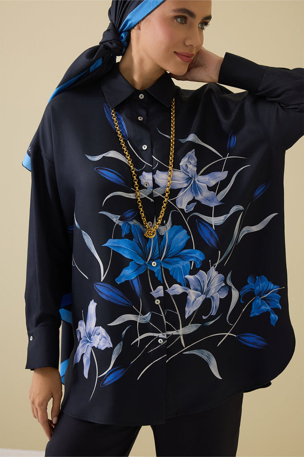 Zambak Navy Blue Silk Shirt Pajamas