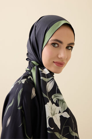Zambak Siyah-Yeşil İpek Elbise Şalı 70x210