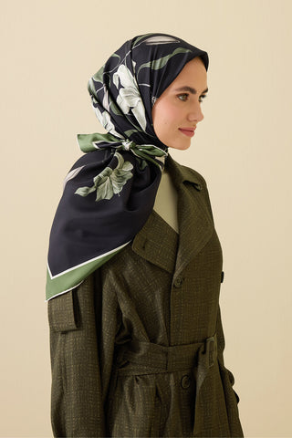 Zambak Siyah-Yeşil Tivil İpek Eşarp 90x90