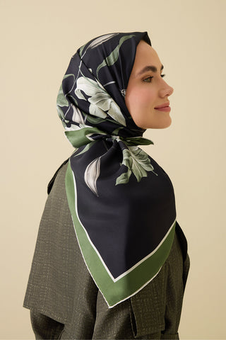 Zambak Siyah-Yeşil Tivil İpek Eşarp 90x90