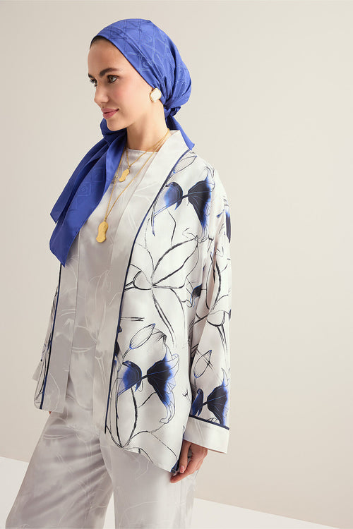 Lilies in Bloom Silver Twill Silk Sleeveless Blouse
