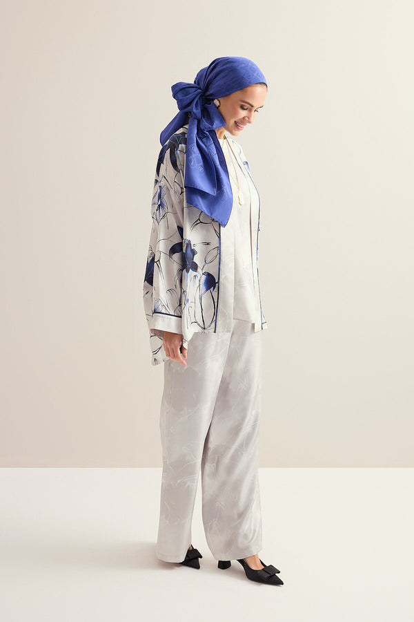 Silver Twill Silk Trousers When Lilies Bloom