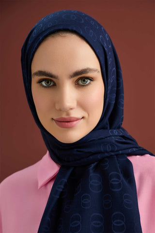 Zincir Desen Lacivert Pamuk İpek Şal 70x210