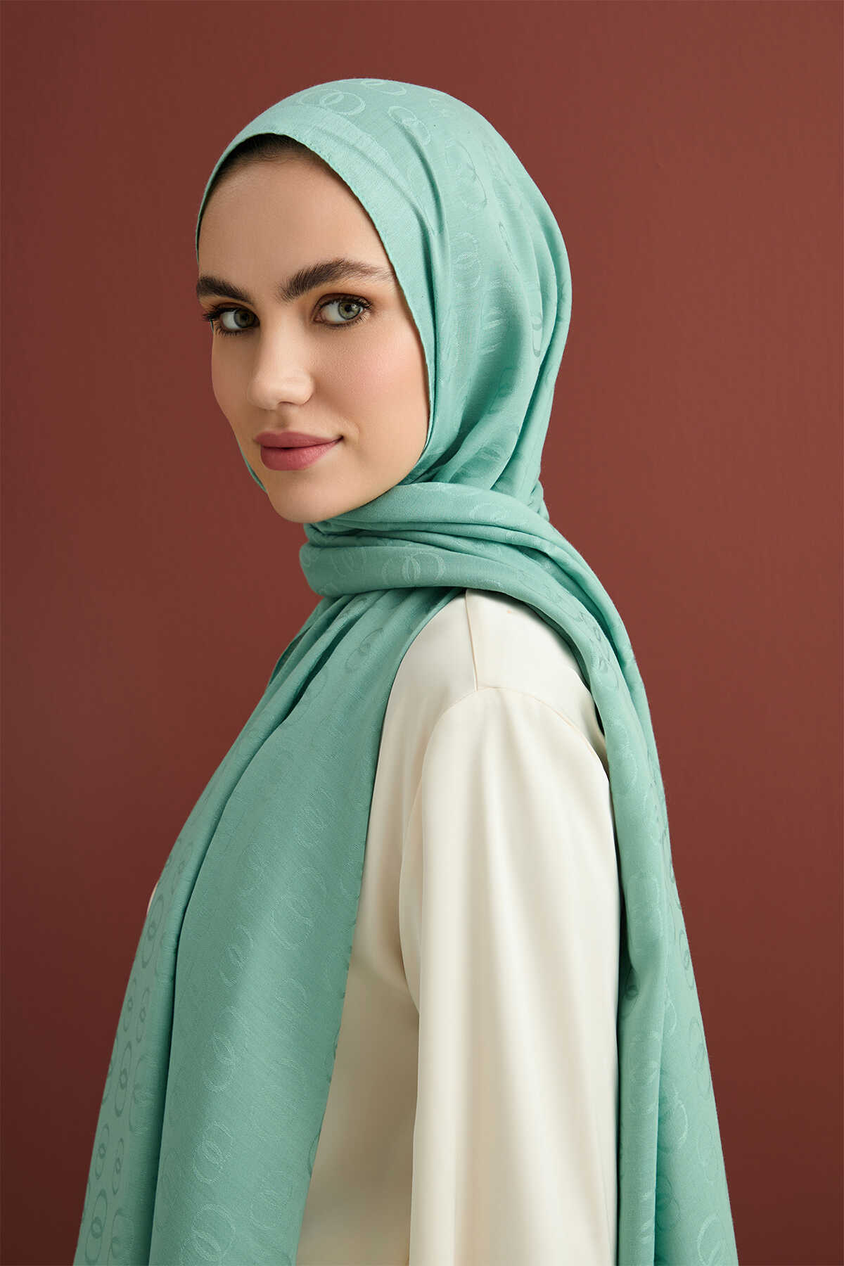 Zincir Desen Mint Pamuk İpek Şal 70x210