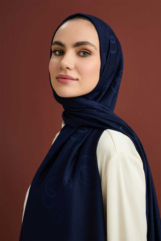 Zincir Kare Lacivert Pamuk İpek Şal 70x210