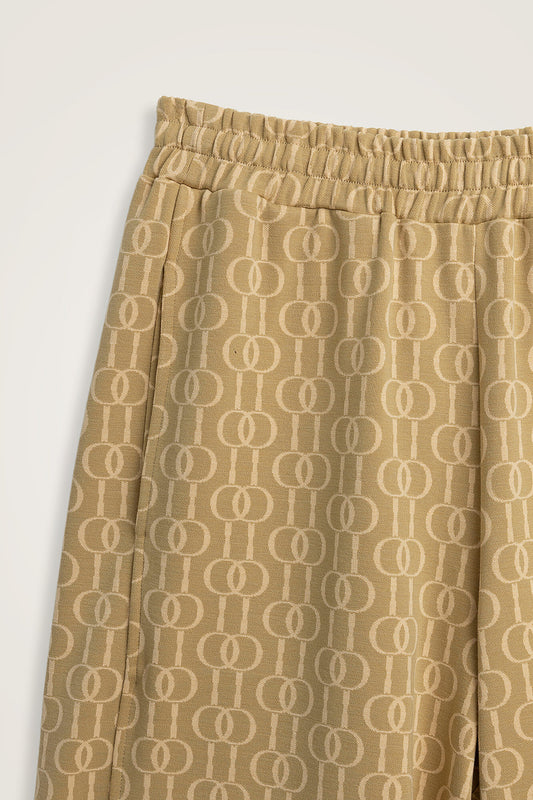 Zincir Monogram Bej Jakar Örme Pantolon