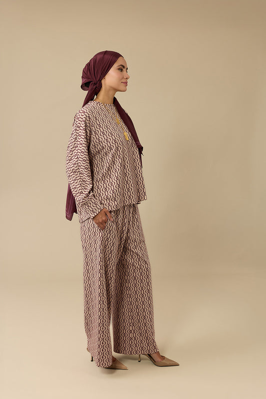 Zincir Monogram Bordo Jakar Örme Pantolon