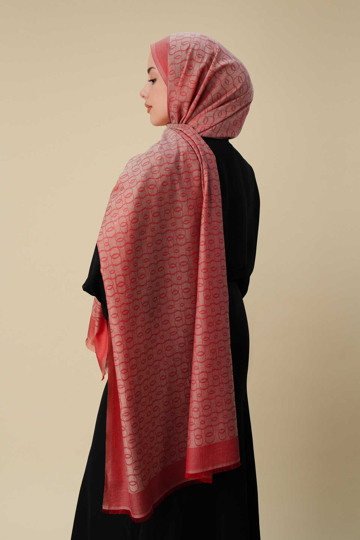 Zincir Monogram Mercan Pamuk İpek Şal 80x210