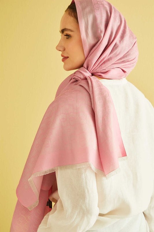 Zincir Monogram Pembe Pamuk İpek Şal 80x210