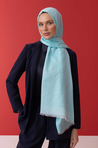 Zincir Monogram Turkuaz Pamuk İpek Şal 80x210