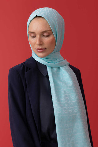 Zincir Monogram Turkuaz Pamuk İpek Şal 80x210