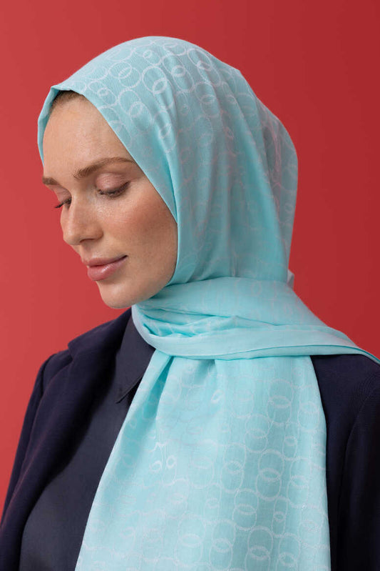 Zincir Monogram Turkuaz Pamuk İpek Şal 80x210